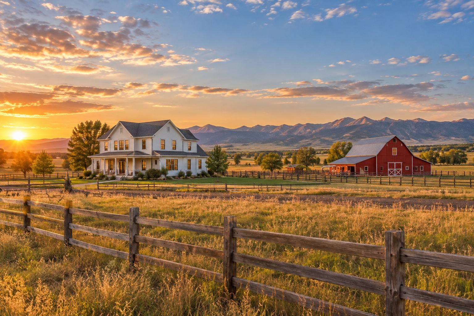 A Northern Colorado farmhouse with the Rocky Mountains beyond, illustrative
