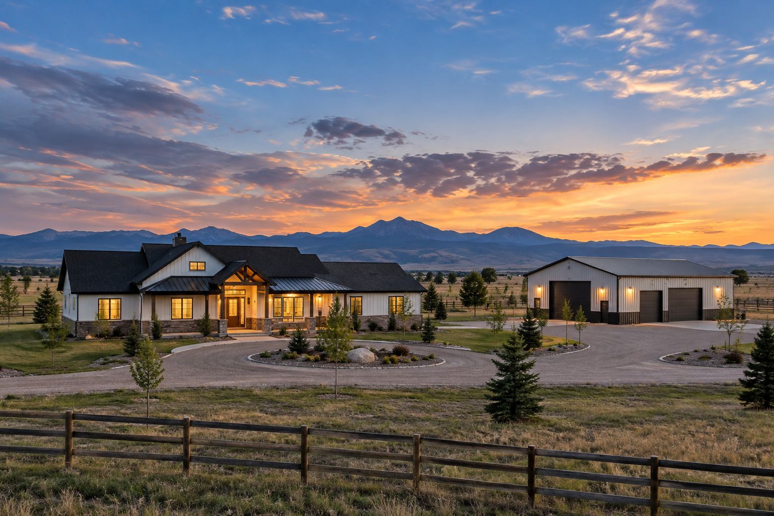 A Northern Colorado ranch home at dusk, illustrative